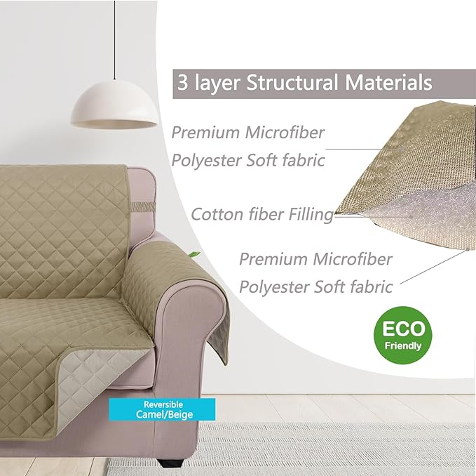 U-NICE HOME Large Sofa Cover Reversible Couch Cover for Dogs Pets with Elastic Straps Water Resistant Furniture Protector for 4 Cushion Couch (Oversized Sofa, Light Camel/Beige)