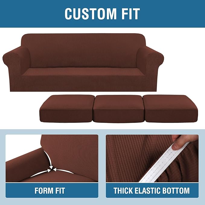 H.VERSAILTEX 4 Piece Stretch Sofa Covers for 3 Cushion Couch Covers for Living Room Furniture Slipcovers (Base Cover Plus 3 Seat Cushion Covers) Upgraded Thicker Jacquard Fabric (Sofa, Burnt Brick)