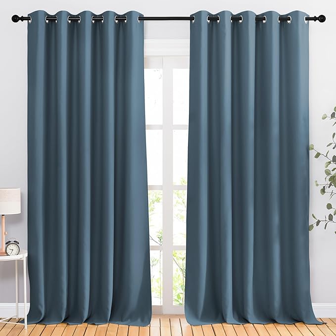 NICETOWN Blackout Smoky Blue Curtains for Sliding Glass Door, Grommet Window Treatment Thermal Curtains Room Dividers for Living Room/Bedroom, 2 Panels, W66 x L102