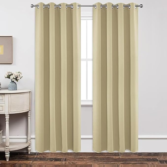 Joydeco Blackout Curtains 90 Inches Long 1 Panel, Thermal Insulated Long Curtains& Drapes 1 Piece, Room Darkening Grommet Drapes for Living Room Bedroom Window (W70 x L90 Inch, Beige)
