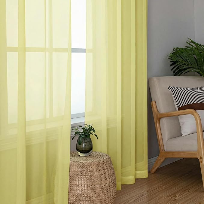 OWENIE Sheer Curtains 90 inches Long 2 Panels Set for Living Room/Bedroom, Rod Pocket Voile Sheer Panel Drapes, Airy Soft Fabric Window Treatments, 2pcs, Each 42" W x 90" L, Light Yellow