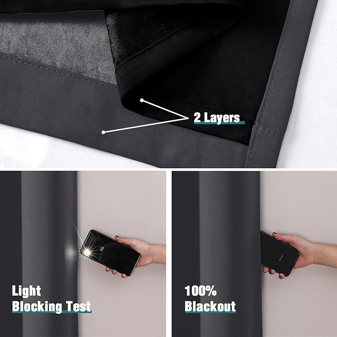 ChrisDowa 100% Blackout Curtains for Bedroom with Black Liner, 2 Thick Layers Total Blackout Thermal Insulated Grommet Long Window Curtains 2 Panels Set (Dark Grey, 52 x 95 Inch)