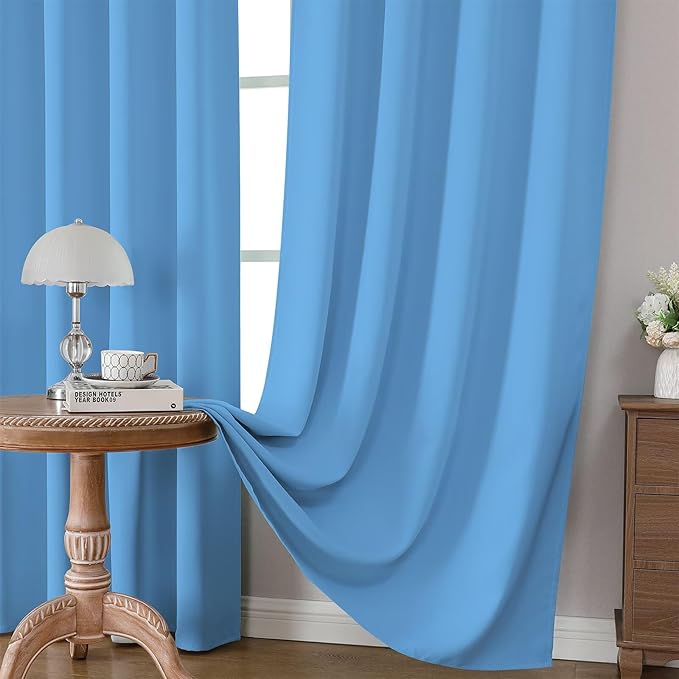 CUCRAF Light Blue Blackout Curtains 96 inch Length 2 Panels Set, Rod Pocket Room Darkening Drapes for Bedroom Living Room, Insulated Thermal Light Blocking Window Curtain (W52 x L96 Inch)