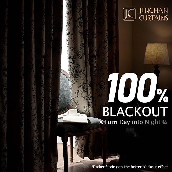 jinchan Blackout Floral Curtains for Living Room Bedroom Linen Blend Curtain Farmhouse Black Printed with Lined Back Tab Rod Pocket Drapes Window Treatments 2 Panels 72 Inch