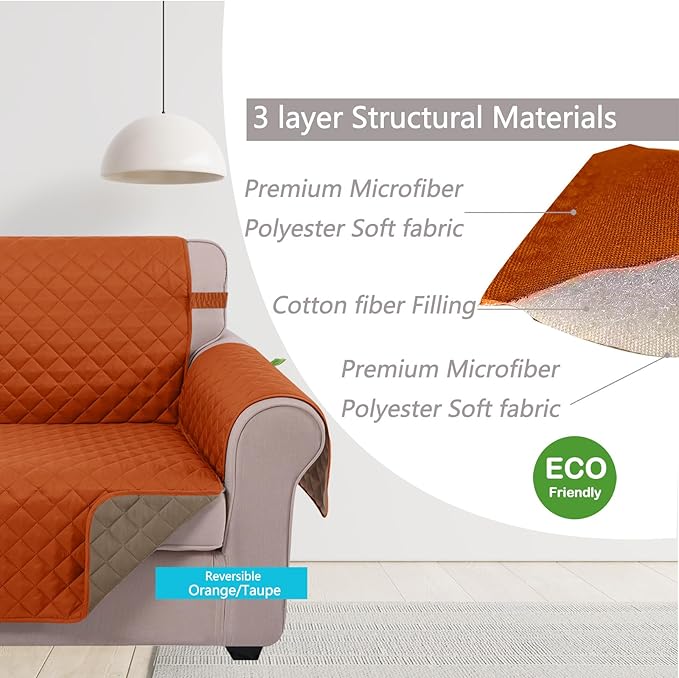 U-NICE HOME Reversible Sofa Cover Couch Cover for Dogs with Elastic Straps Water Resistant Furniture Protector for Pets Couch Cover for 3 Cushion Couch (Sofa, Orange/Taupe)