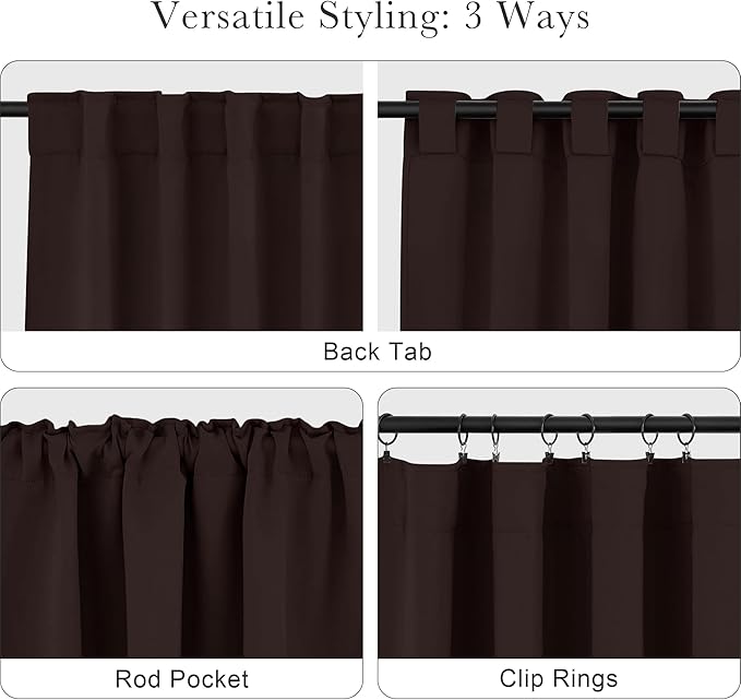PONY DANCE Blackout Curtains Short - Kitchen Window Draperies Energy Efficient Thermal Insulated Back Tab/Rod Pocket Curtain Panels/Window Treatments for Bathroom, 42 W x 30 L, Brown, 2 Pieces