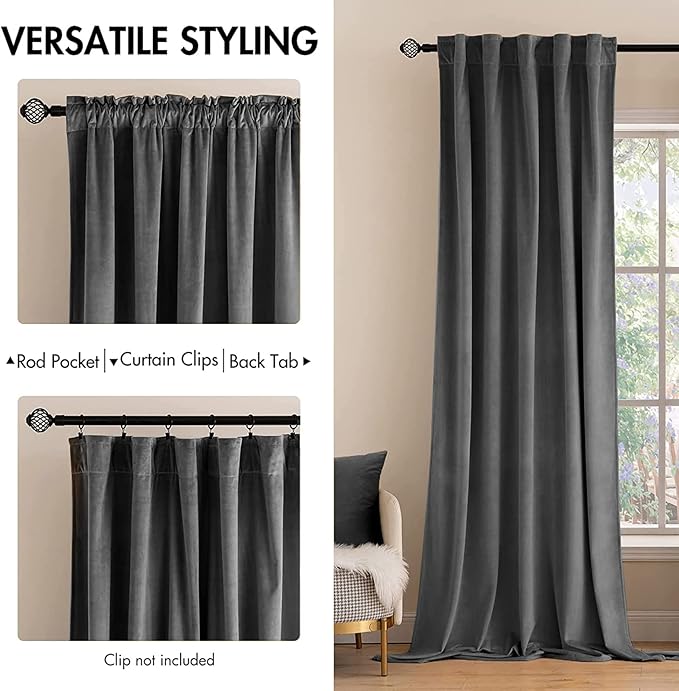 MIULEE Grey Velvet Curtains 90 inches 2 Panels - Luxury Blackout Curtains for Bedroom Living Room Thermal Insulated Super Soft Window Drapes Rod Pocket & Back Tab, W 52 x L 90 inch