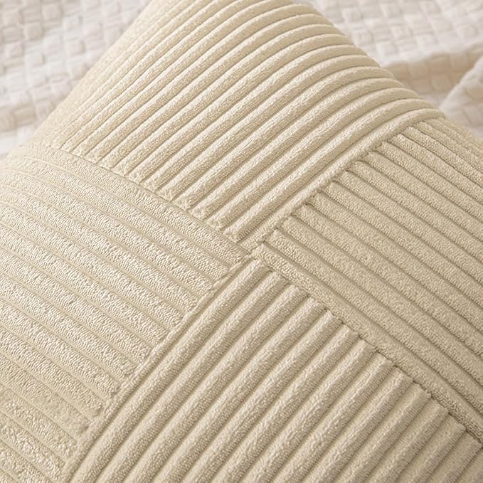 MIULEE Cream Decorative Lumbar Throw Pillow Covers 12x20 Inch for Couch Bed Sofa Pack of 2 Boho Neutral Farmhouse Throw Pillows Soft Cross Corduroy Patchwork Textured Cushion Cases