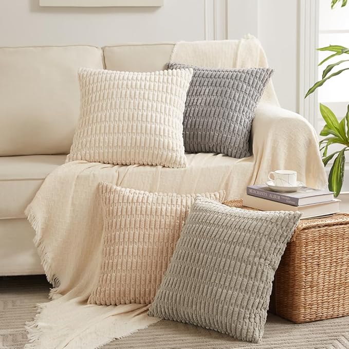 Fancy Homi 4 Packs Boho Cream Decorative Throw Pillow Covers 14x14 Inch for Living Room Couch Bed Sofa, Rustic Modern Farmhouse Home Decor, Soft Plush Corduroy Beige Cute Square Cushion Case 35x35 cm