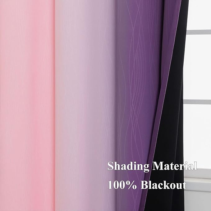 Pink&Purple Curtains 63 Inch Length 2 panels, Full Light Blocking Ombre Blackout Curtains for Kids Room, Thermal Insulated Noise Reducing Gradient Blackout Curtains for Girls boys Bedroom, 42x63 Inch