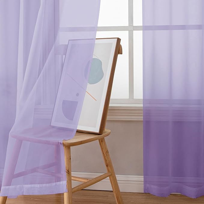 OWENIE Light Purple Sheer Curtains 90 Inches Long 2 Panels Set for Living Room Bedroom, Light Filtering Rod Pocket Clear Sheer Curtain 2Pcs, Each 42" W x 90" L,Lavender