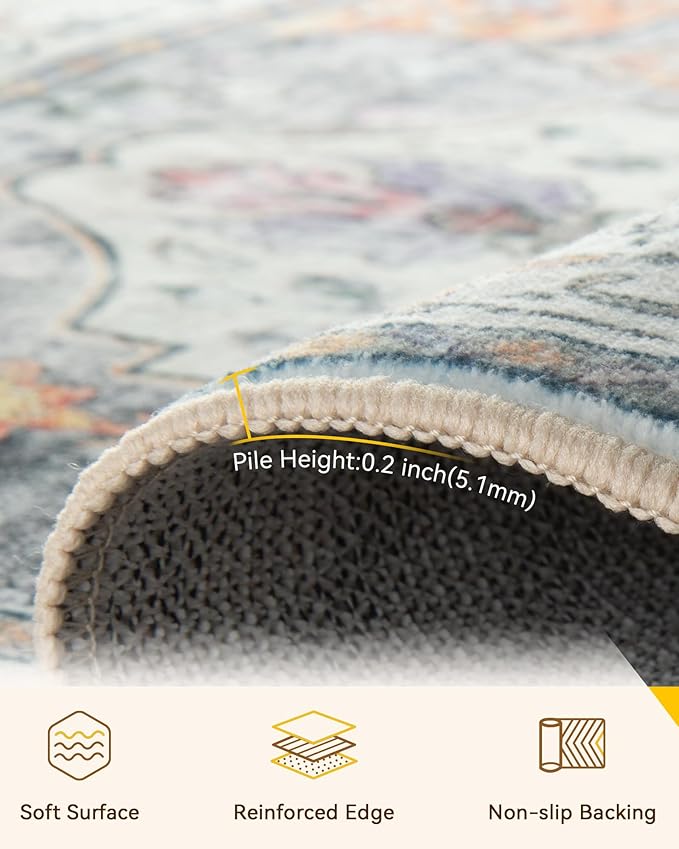 Area Rugs 9'x12' Washable Non-Slip, Floral Vintage Distress Print Pattern Medallion Carpet for Living Room Bedroom Dining Room, Light Yellow Carbon Grey Orange