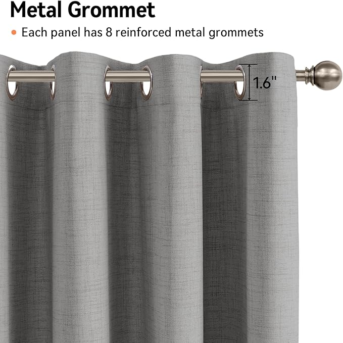100% Blackout Shield Grey Blackout Curtains for Bedroom, Grommet Linen Curtains for Living Room, Thermal Insulated Room Darkening Drapes for Nursery, Boho Home Decor, 50" W x 84" L, 2 Panels