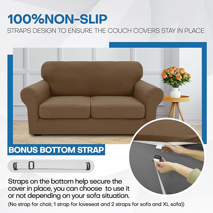 XINEAGE New 4 Pieces Couch Covers for 3 Cushion Couch Super Stretch Thick Soft Sofa Cover Anti Slip Sofa Slipcover Dogs Cats Furniture Protector (Brown, 71"-91")