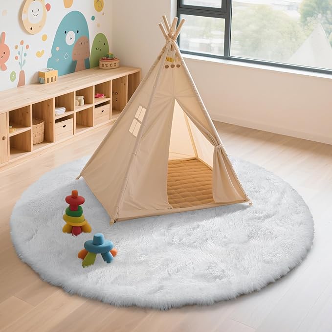 yulidayang White Fluffy Round Area Rugs for Bedroom,6'X6'Shag Circle Area Rugs for Girls Room,Non Slip Fuzzy Plush Rug for Kids Room Living Room and Dorm Home Decor Rug