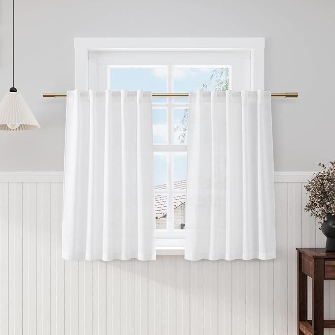 Nanspring Farmhouse Rustic White Linen Curtains 45 Inch Length Semi-Sheer Back Tab Curtains 2 Panel Set Privacy Curtain Tiers for Basement Small Bathroom Window 40x45 Inches