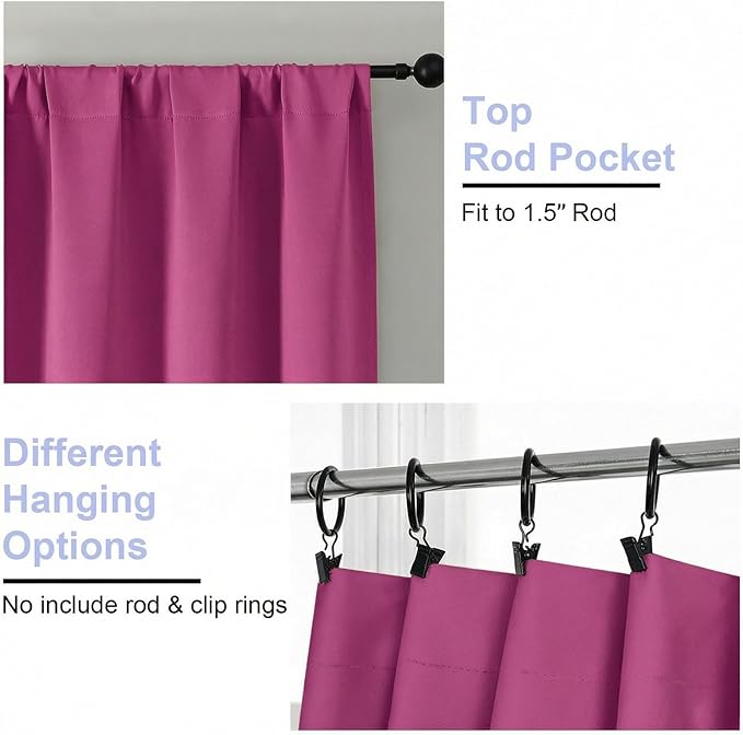 Simplebrand Ava Hot Pink Blackout Curtains for Bedroom 72 Inch Length 2 Panels Set, Privacy Thermal Insulated Rod Pocket Door Window Curtains for Patio French Door Front Door, W40 x L72 Inch