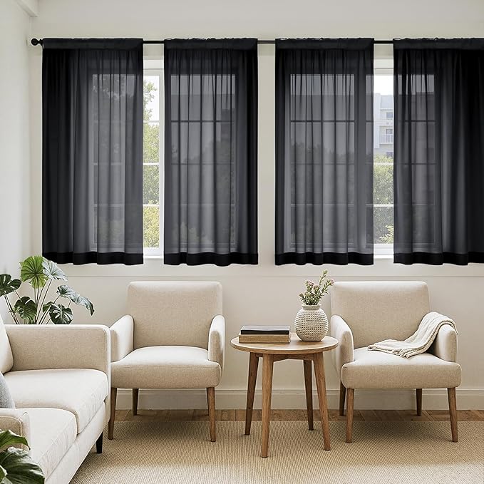 MIULEE Short Sheer Curtains 45 Inches Long, 4 Panels Set, Light Filtering Rod Pocket Curtains for Kitchen/Bathroom Small Windows, 42W x 45 Inches, Black