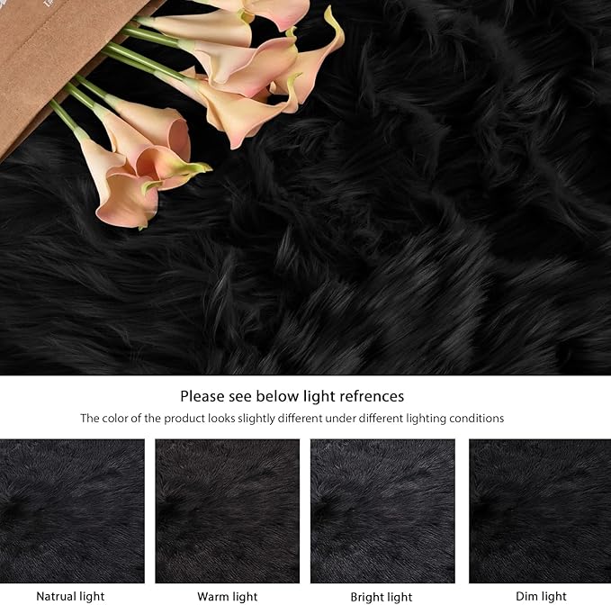 ORINOVA Black Fluffy Faux Fur Rug for Living Room Shag Circle Washable Area Rugs for Bedroom Round Rug 4ft Cute Room Décor
