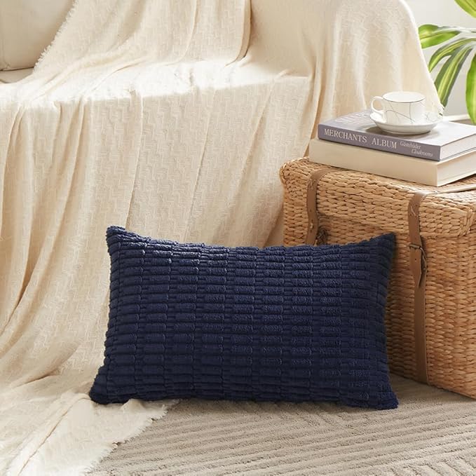 Fancy Homi 4 Packs Navy Blue Decorative Throw Pillow Covers 12x20 Inch for Living Room Couch Bed Sofa, Rustic Modern Farmhouse Boho Home Decor, Soft Plush Corduroy Cute Square Cushion Case 30x50 cm