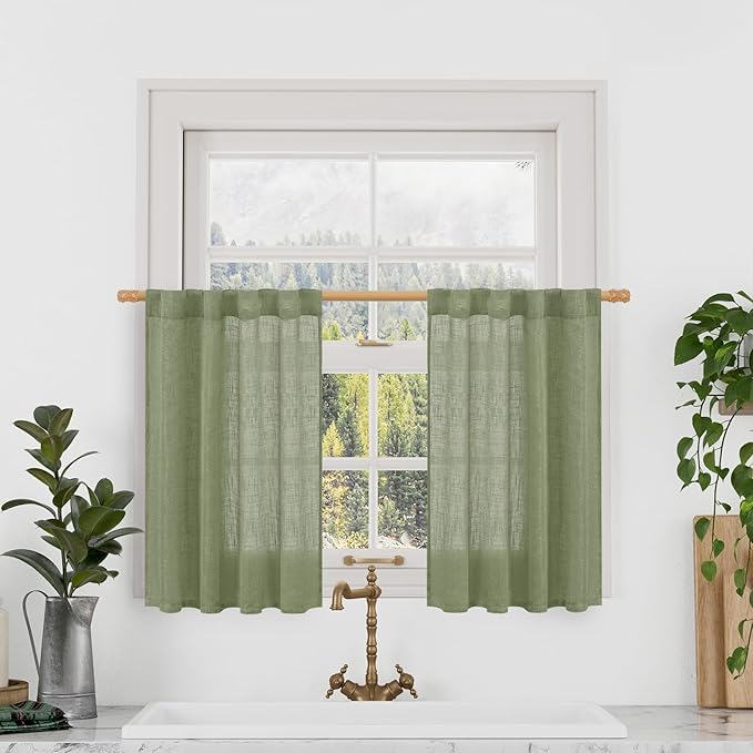 LAMIT Semi Sheer Linen Curtains 36 Inch Length for Cafe, Light Filtering Panels Back Tab and Rod Pocket Neutral Drapes for Bathroom/Kitchen/Loft Room, 25 x 36 Inch, 2 Panels