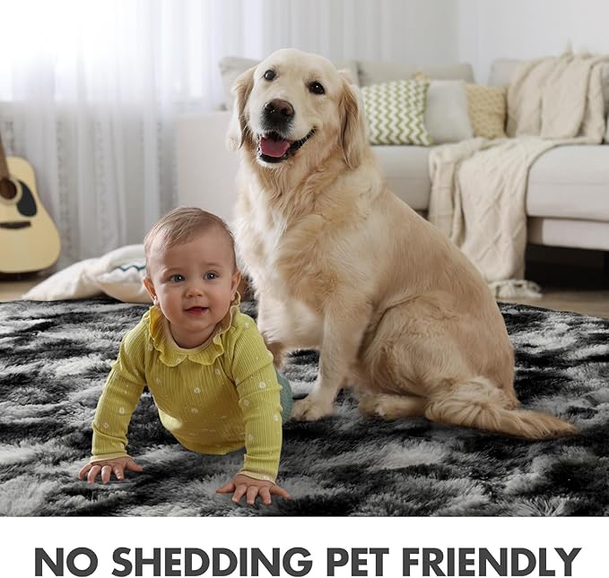 4x6 Ft Shag Area Rug for Bedroom Living Room, Tie-Dyed Ultra Soft Fluffy Furry Rugs for Indoor Floor, Aesthetic Carpet for Kids Home Decor (Black Grey)