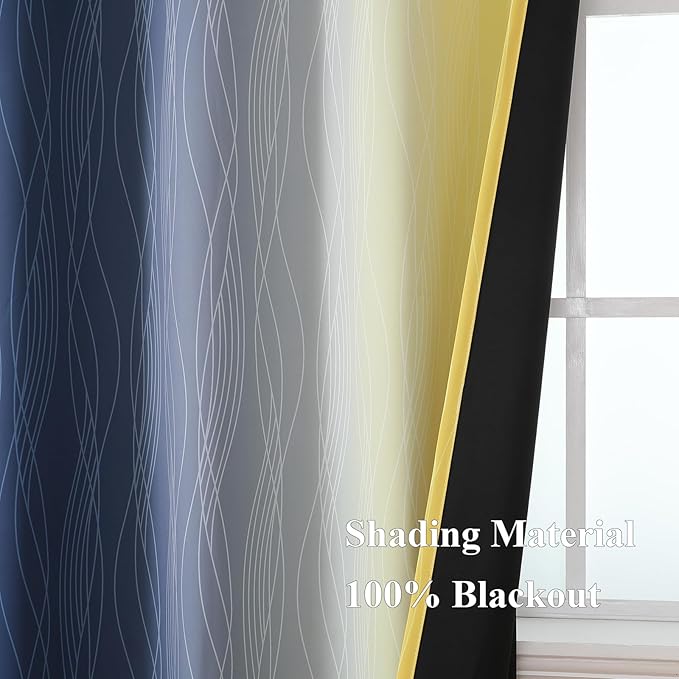 Estelar Textiler Navy Blue and Yellow Blackout Curtains 72 Inch Length 2 Panels Set, Full Room Darkening Grommet Ombre Curtains for Bedroom, Thermal Insulated Light Blocking Gradient Drapes, 52Wx72L