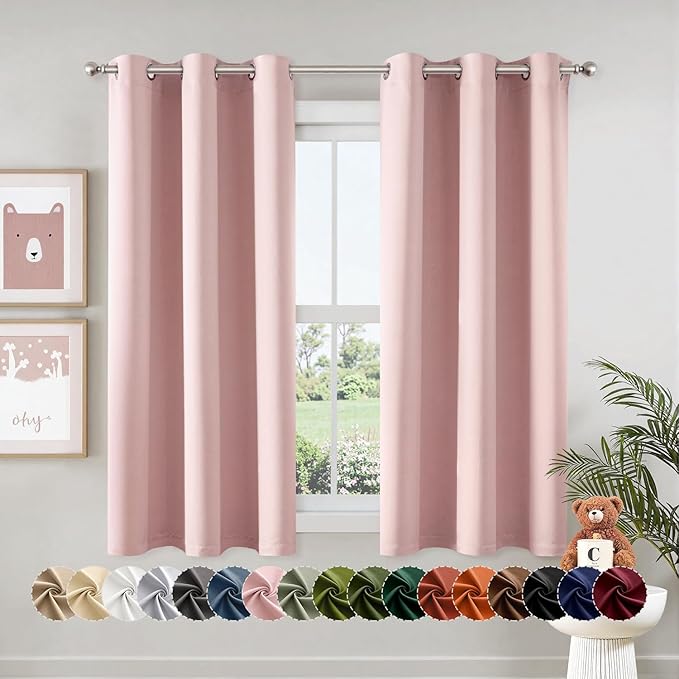 MIULEE Baby Pink Blackout Curtains for Bedroom Living Room 40 Inches Long 2 Panels, Thermal Insulated Room Darkening Drapes Solid Grommet Noise Reduction Light Blocking Window Treatments 40x40 Inch