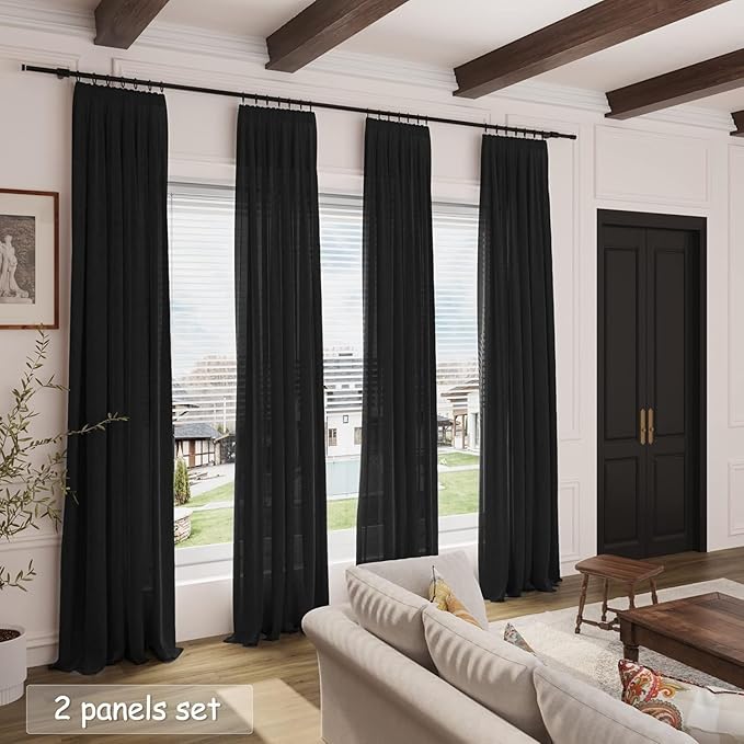 Nanspring Black Linen Curtains 63 inches Long for Bedroom Back Tab Sheer Black Curtains Modern Farmhouse Coastal Decor Cotton Textured Gauze Curtain for Bathroom 2 Panel Set 52x63