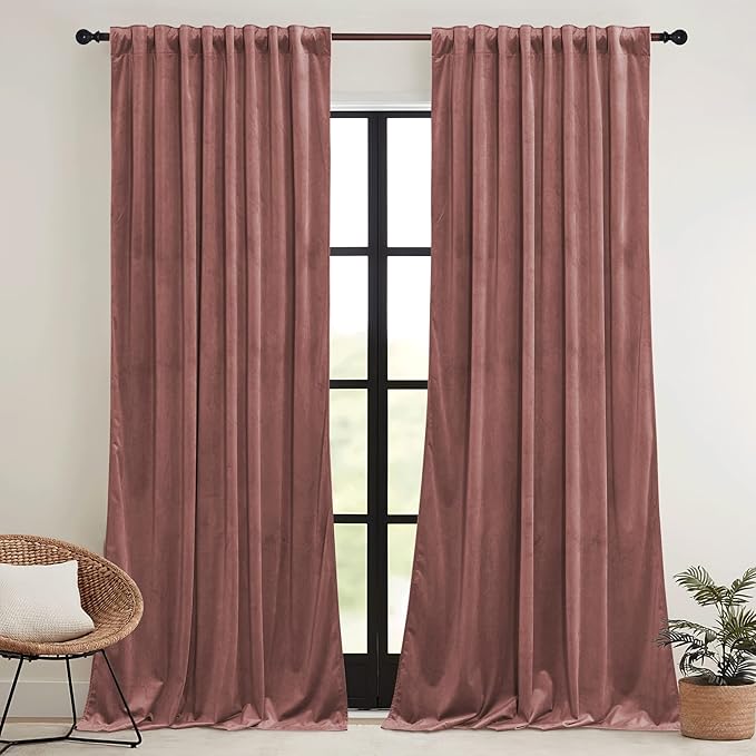 RYB HOME Wild Rose Pink Velvet Curtains 90 inches Long - Super Soft Girl Bedroom Window Decorative Drapes Thermal Insulated Room Darkening Curtains for Guest Room, 2 Panels