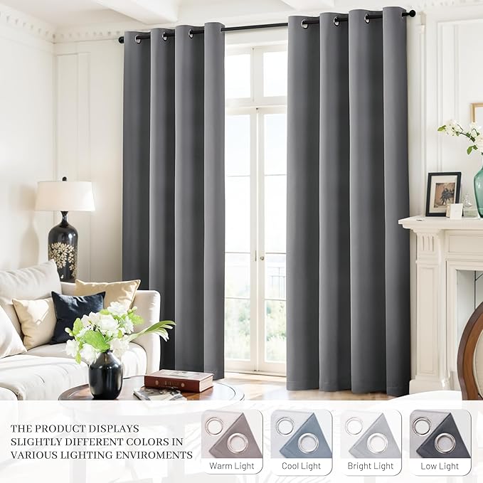 Yakamok Grey Room Darkening 100% Blackout Curtains Grommet Window Treatments with 2 Thick Layers-Gray Thermal Insulated Drapes Set of 2 Panels for Bedroom Living Room 52 Inches by 96 Inches Length