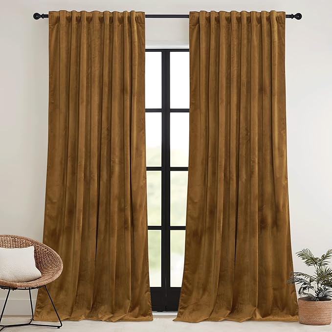 RYB HOME Gold Brown Velvet Curtains 63 inches with Hook Belt, Soft Fabric Room Darkening Thermal Insulated Luxurious Home Decor Curtains for Living Room Bedroom, W 42" x L 63", 2 Panels Set