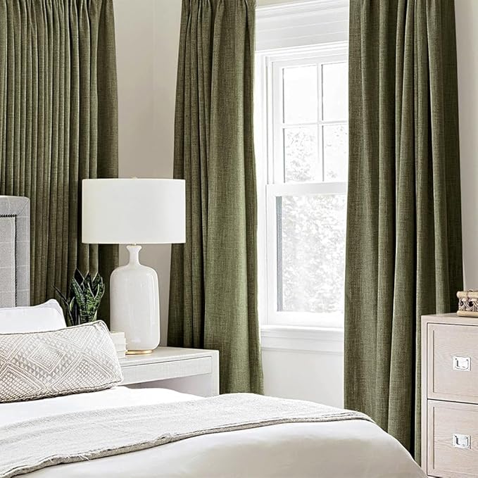 MIULEE Linen Texture Curtains for Bedroom Solid 100% Blackout Thermal Insulated Light Olive Green Curtains Grommet Room Darkening Drapes for Living Room Nursery 52x45 Inch (2 Panels)