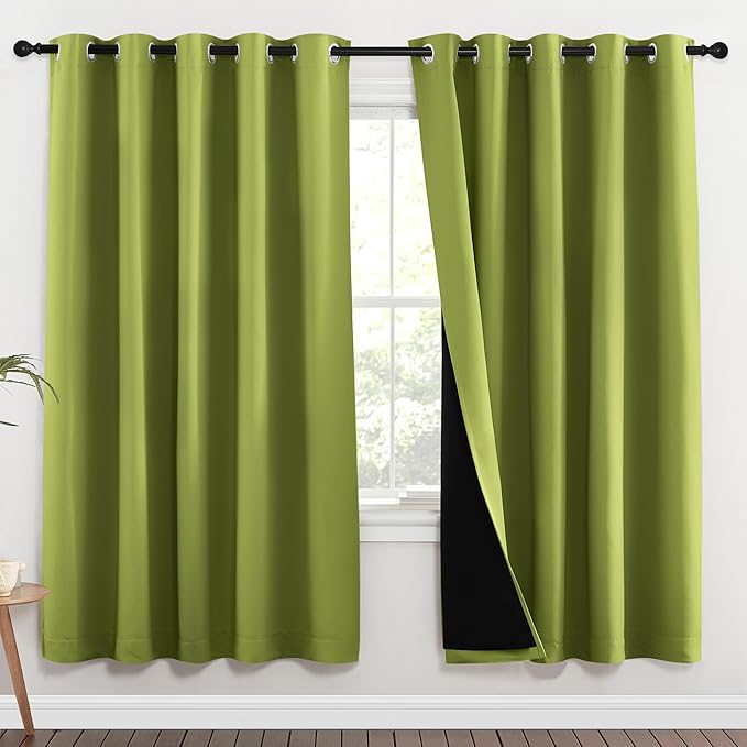NICETOWN 100% Blackout Window Curtain Panels, Fresh Green, 2 Pieces, 70-inch Wide Per Panel, Full Light Blocking Drapes with Black Liner for Nursery, 72-inch Drop Thermal Insulated Draperies