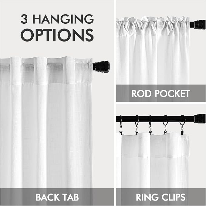 MIULEE White Linen Curtains Short 63 Inch Long 2 Panels for Kitchen Bedroom, Soft Thick Linen Textured Window Drapes Semi Sheer Light Filtering Back Tab Rod Pocket Burlap Look Decor