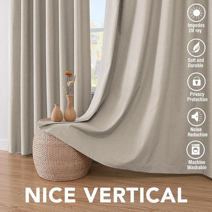 H.VERSAILTEX 100% Blackout Curtains for Bedroom Thermal Insulated Linen Textured Curtains Heat and Full Light Blocking Drapes Living Room Curtains 2 Panel Sets, Cobblestone, 52x63 Inch