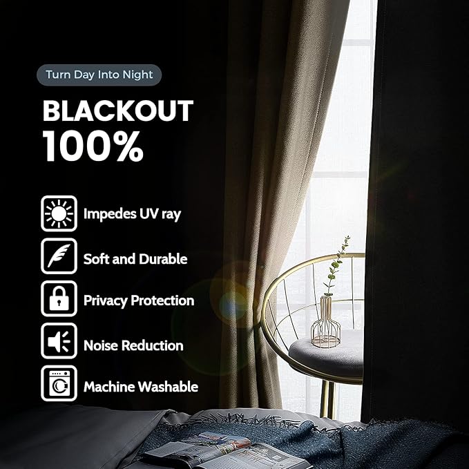 SimpleHome 100% Blackout Curtains for Bedroom,Thermal Insulated Beige Grommet Window Drapes Room Darkening Curtains for Living Room with Black Back,52 x 36 Inch,2 Panels