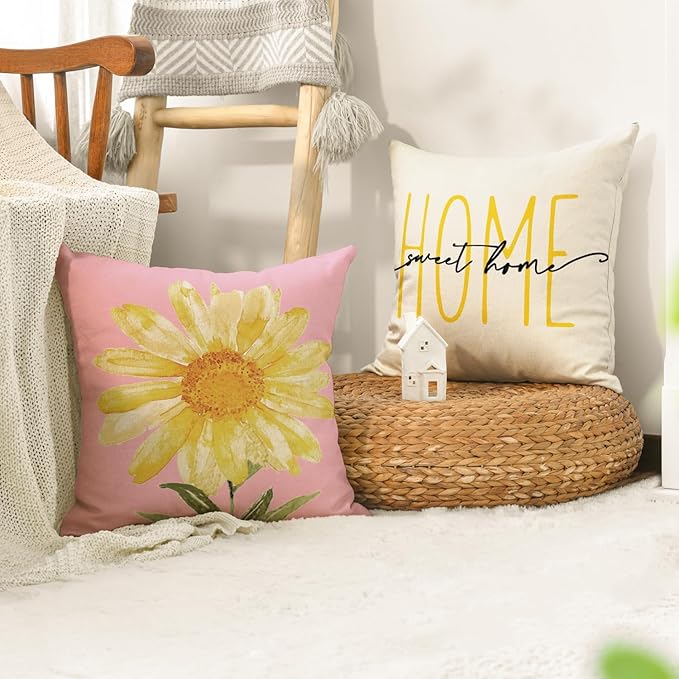 AVOIN colorlife Home Sweet Home Spring Summer Flowers Pink Throw Pillow Covers, 20 x 20 Inch White Cushion Case for Sofa Couch Set of 4