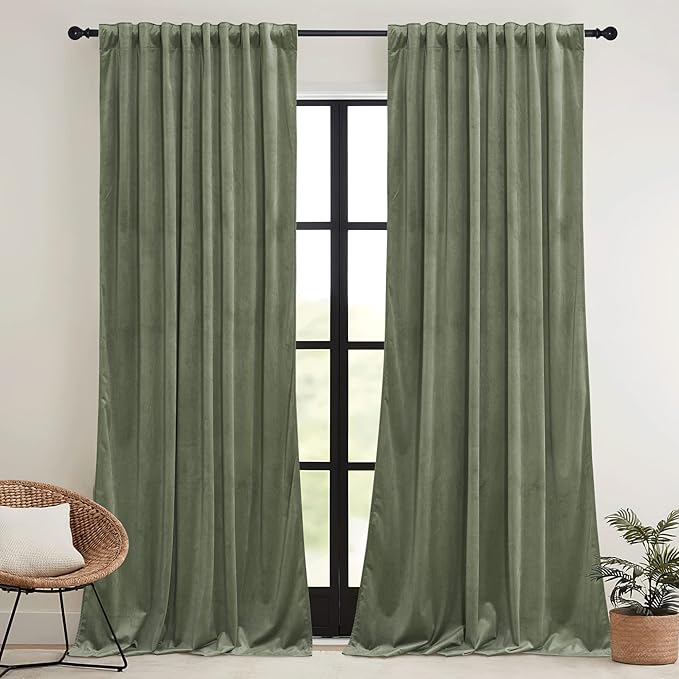 RYB HOME Sage Green Velvet Curtains with Hook Tape, Thermal Insulated Privacy Protect Decorative Drapes for Home Theater, W 62 x L 84 inches, 2 Panels Set