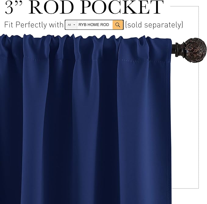 RYB HOME Short Marine Blue Blackout Curtains for Small Bedroom Window, Insulating UV Blocking Drapes for Kitchen Cafe Basement, Privacy Tiers for Bathroom Window, Width 42 by Length 36, Set of 2