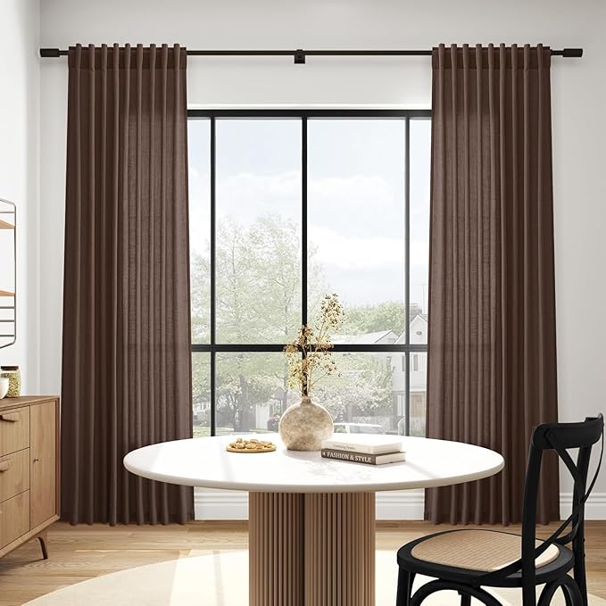 Cappuccino Linen Curtains for Living Room 100 Inches Long Light Filtering Semi Sheer Curtain Back Tab Rod Pocket Luxury Modern Rustic Home Decor Neutral Drapes for Bedroom Dinner Room 52x100, 2 Panels