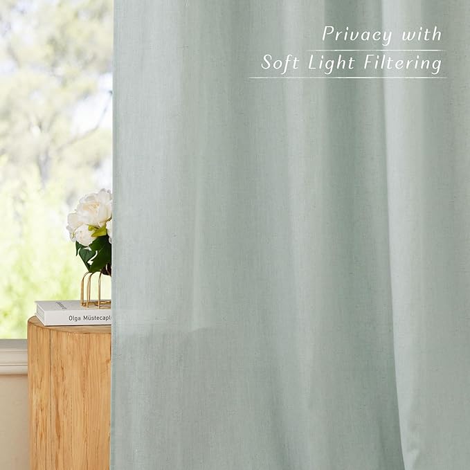 NICETOWN Sage Green Curtains 63 inches Long, Grommet Thick Flax Linen Blend Window Treatment Privacy Added with Light Filtering for Bedroom/Children's Room, 2 Panels, W55 x L63