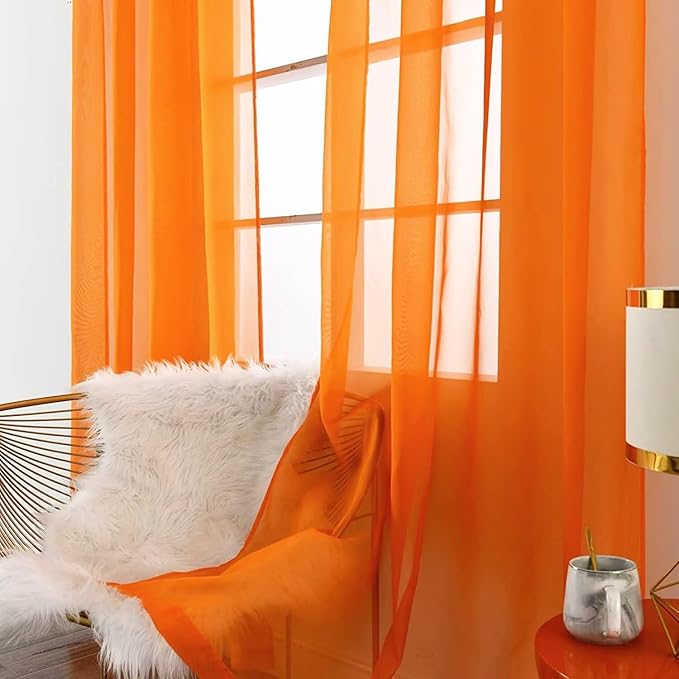 SpaceDresser Orange Sheer Curtains 4 Panels Rod Pocket Semi-Sheer Curtain 45 Inches Long Light Filtering Voile Window Drapes for Bedroom Living Room Kitchen, Each 52W x 45L