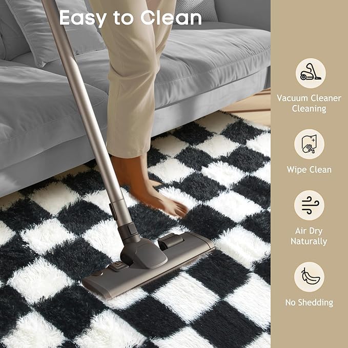Ophanie Checkered Black & White Rug for Living Room Bedroom, Fluffy Soft Cute Fuzzy Area Rugs, Shag Plush Shaggy Bedside Floor 8x10 Furry Carpet for Kids Baby Teen Dorm Nursery Home Decor Aesthetic