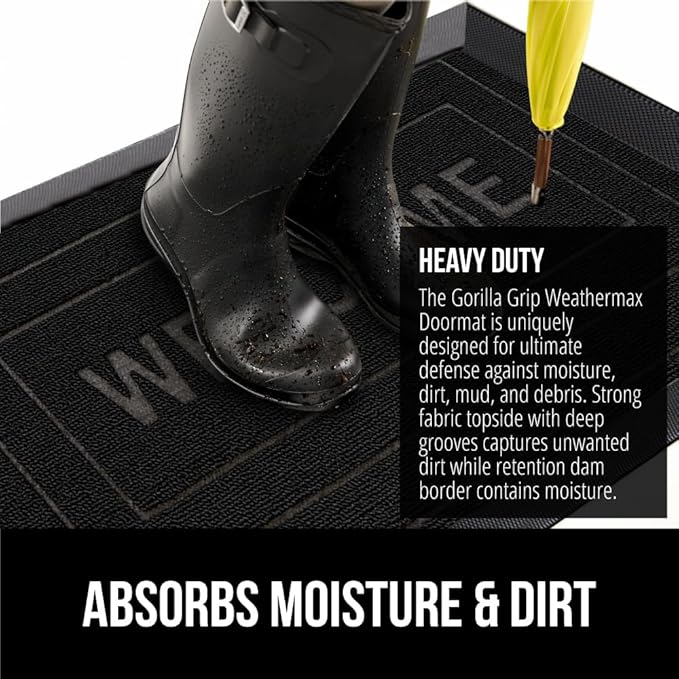 GORILLA GRIP 100% Waterproof All-Season WeatherMAX Doormat 35x23, US Designed Natural Rubber, Stain and Fade Resistant, Low Profile Indoor Outdoor Door Mats, Easy Clean Patio Mat, Black Welcome