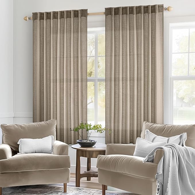 MIULEE Taupe Grey Linen Curtains 63 Inch Length 2 Panels for Bedroom Living Room, Soft Linen Textured Window Drapes Semi Sheer Light Filtering Back Tab Rod Pocket Farmhouse Modern Burlap Look Decor