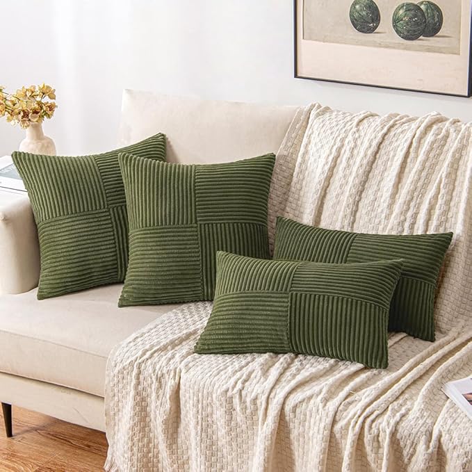 MIULEE Olive Green Decorative Throw Pillow Covers 18x18 Inch for Couch Bed Sofa Spring Decor Pack of 2 Boho Farmhouse Throw Pillows Soft Cross Corduroy Patchwork Textured Cushion Cases