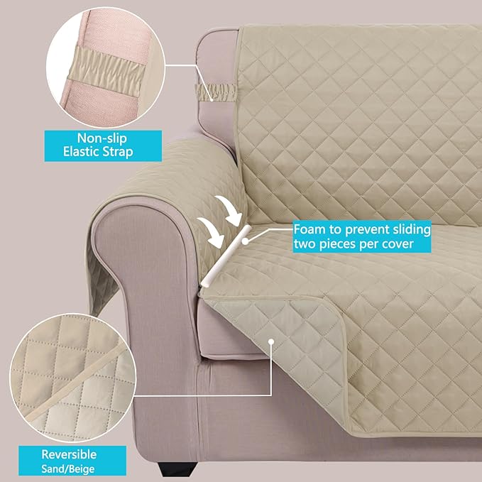 U-NICE HOME Loveseat Sofa Cover Reversible Couch Cover for Dogs with Elastic Straps Water Resistant Furniture Protector for Pets for 2 Cushion Couch (Loveseat, Sand/Beige)