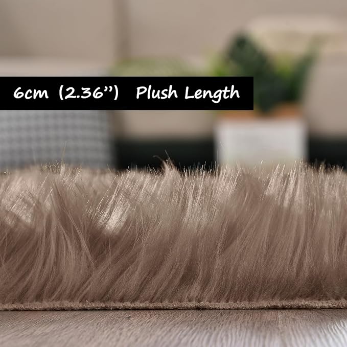 Goolela Fluffy Faux Fur Rug for Bedroom Light Brown Beige 2x3 Furry Fuzzy Sheepskin Rug Small Shaggy Area Rug for Office Playroom Decor Washable Rectangle