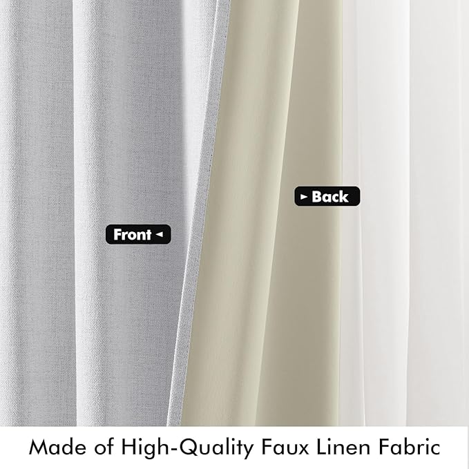 MIULEE 100% Blackout Linen Curtains for Bedroom, Grayish White Solid Luxury Decor Thermal Insulation Room Darkening Drapes for Living Room Nursery Back Tab Rod Pocket 42 x 63 Inches, 2 Panels